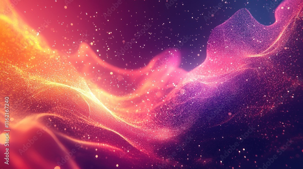 Poster abstract colorful waves with shimmering particles.