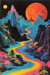 abstract background, trippy, psychedelic, landscape, neon, glowing, mountains, moon, rainbow, world, weird, bright, vibrant, psychedelic, psychedelia, forest
