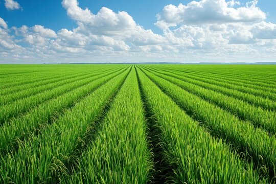 Lush green rice paddy field under a bright blue sky with fluffy white clouds.