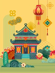 Fototapeta premium Happy Chinese New Year! Complex multi-layered story card (poster) on the theme of the Chinese Year of the Snake in flat Asian style. Digital illustration.