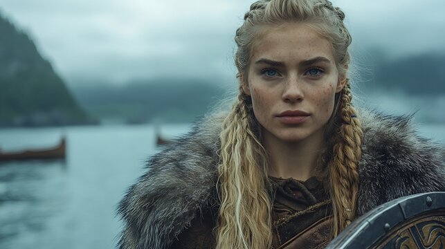Viking shieldmaiden from the 10th century in furlined armor and wielding a sword in a Scandinavian fjord