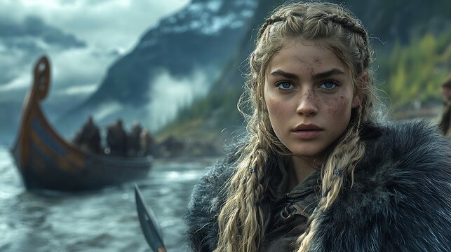 Viking shieldmaiden from the 10th century in furlined clothing with a spear on a rugged Viking longship