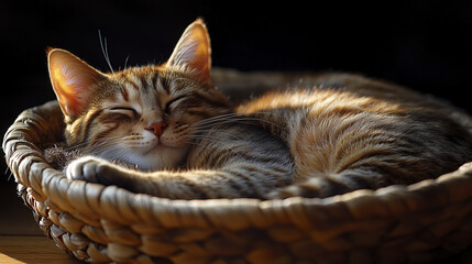 Naklejka premium tabby cat curled up peacefully in round woven basket, enjoying sunlight