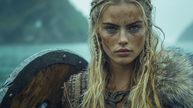 Viking shieldmaiden from the 10th century in furlined armor and wielding a sword in a Scandinavian fjord