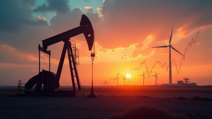 Oil rig producing oil works at sunset