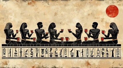 Business meeting depicted as ancient Egyptian hieroglyphs on a papyrus scroll, figures in profile, coffee cups represented as symbolic vessels