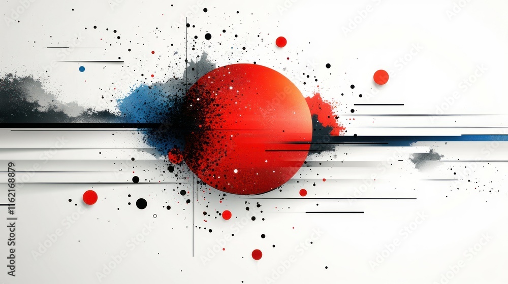 Poster abstract design featuring a red sphere and dynamic elements.