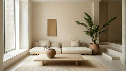 Minimalist living room with beige sofa, low table, large plant, and artwork.