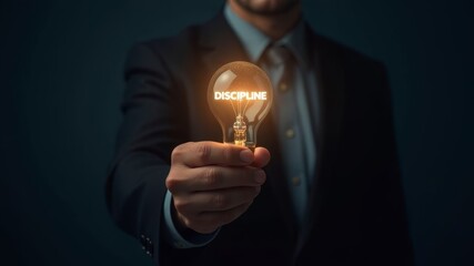 a man holds light bulbs in front of him in a dark room with discipline written on them