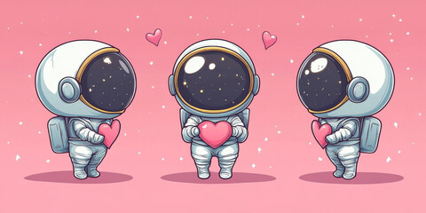 Astronaut in love with hearts. Cute illustration in cartoon style. Valentine's day Background. Love and Romantic concept.