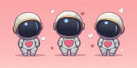 Astronaut in love with hearts. Valentine's day Background. Love and Romantic concept. Cute illustration in cartoon style.