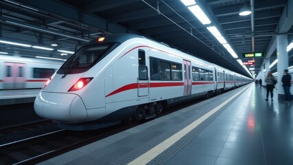 Obraz premium modern white high speed train moving on rails