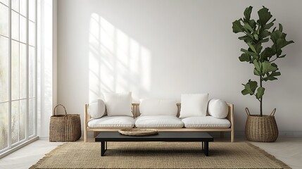 Fototapeta premium Minimalist living room interior with white sofa, wooden coffee table, large window, and plants in woven baskets.