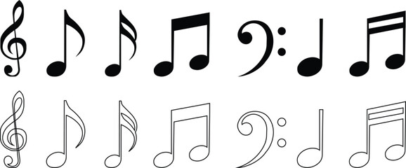 music notes icon set, poised as the focal subject in a high-quality stock photograph, emphasized by defined bold lines, musically perfect, clarity, isolated on transparent background, used for web. © Awais