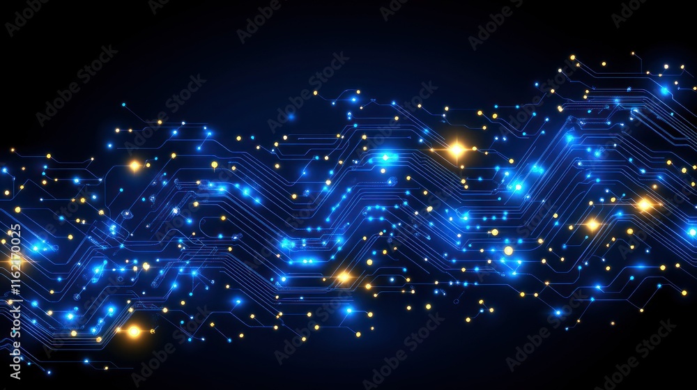 Poster abstract digital circuit design with glowing lights.