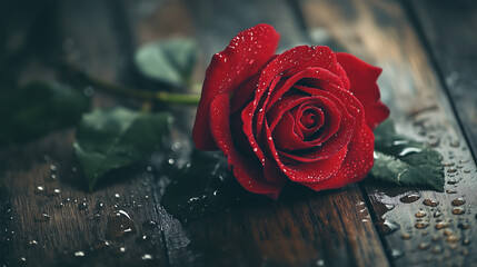 A single red rose with water droplets on old wooden table