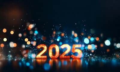 "2025" chiffres lumineux orange avec un effet de bokeh coloré sur fond sombre, ambiance festive et informatique pour nouvel an 
