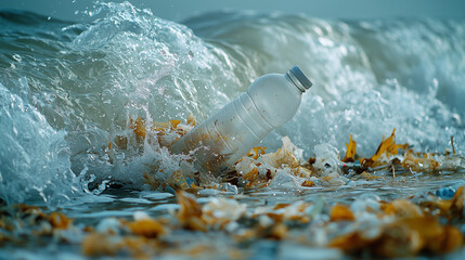 Plastic bottle washed ashore in ocean waves with debris and leaves highlighting pollution crisis