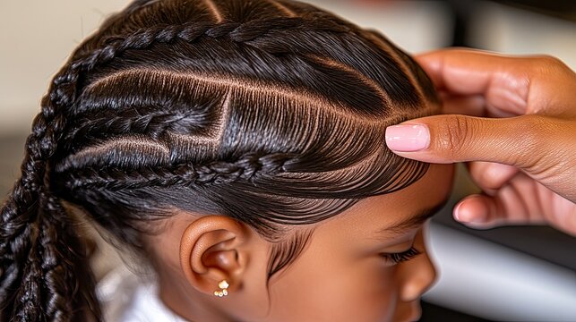 Hairdresser making a beautiful cornrow hairstyle to a child in a hair salon