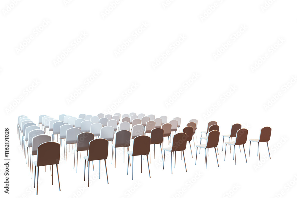 Poster rows of modern chairs in white and brown tones arranged symmetrically, isolated on a clean white bac