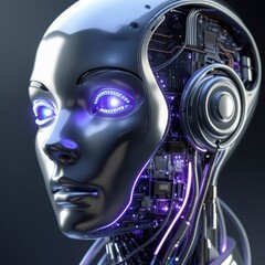 Futuristic Robot Head with Exposed Circuitry and Glowing Eyes