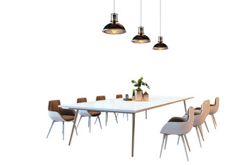 Sleek table with chairs, minimalist decor, pendant lights above, white background, clean and modern layout, dining concept. 3D Rendering.