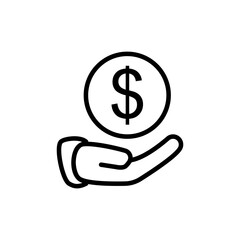 icon of hand with coins, simple flat style, illustration, logo sign symbol pictogram template, for ui or ux isolated on white for mobile app, editable