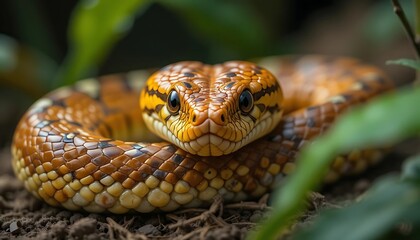 Fototapeta premium Coiled Golden Snake: A Serene Close-up in Lush Foliage