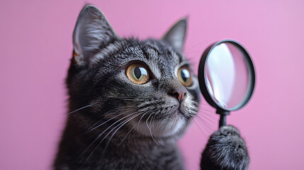 Obraz na płótnie Canvas curious cat holding magnifying glass against pink background