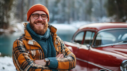 Man in orange beanie smiling by vintage car in snowy landscape, enjoying life