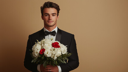 Well-dressed young man in tuxedo holding bouquet of flowers in front of golden background