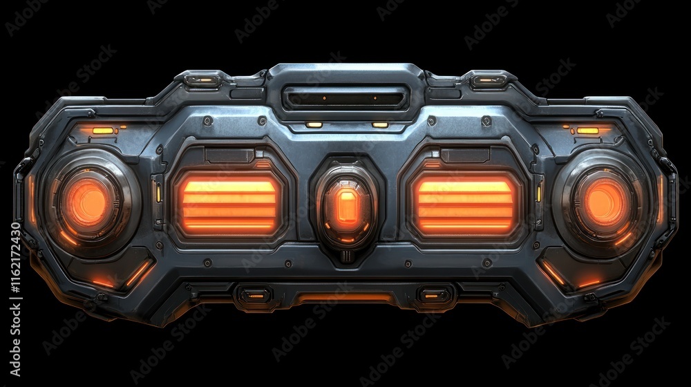 Poster futuristic device with glowing elements and metallic design.