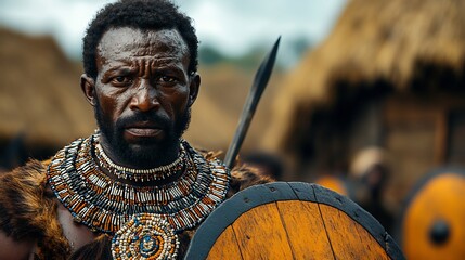 Zulu warrior from the early 19th century in beaded armor with a spear and shield in a traditional Zulu village