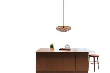Kitchen island with stool, small decor, pendant light, wooden material, isolated on white background. Concept of minimalist interior design. 3D Rendering.
