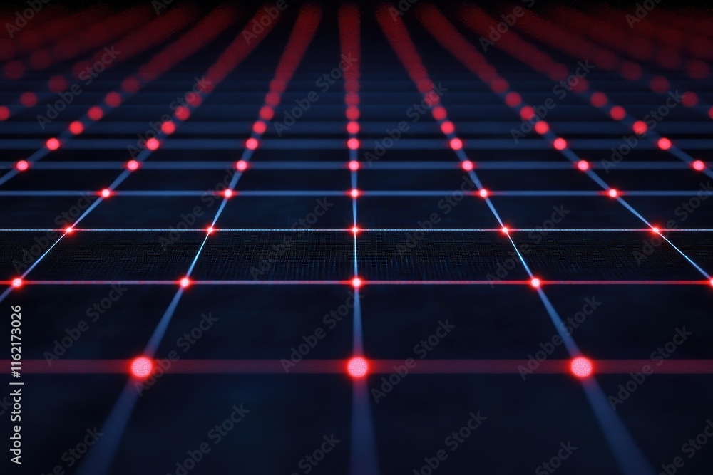 Poster abstract grid with glowing red nodes.