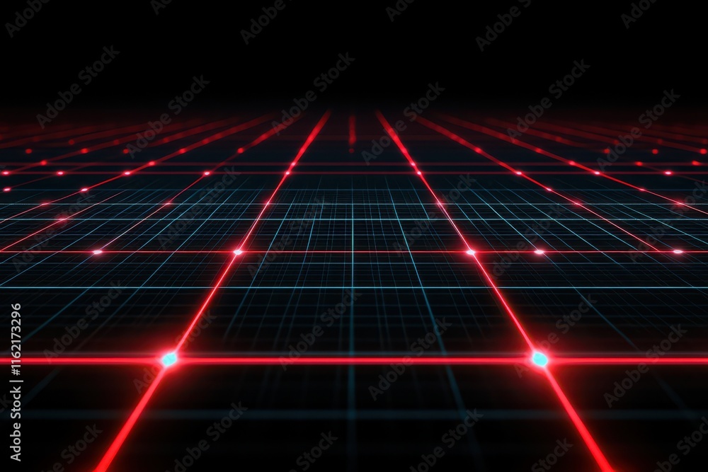 Aufkleber abstract red grid lines converging to vanishing point on dark background.