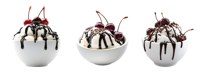 Naklejka premium set of Delicious ice cream sundae with whipped cream, cherries, and chocolate drizzle, served in a classic white bowl isolated on transparent background, cut out