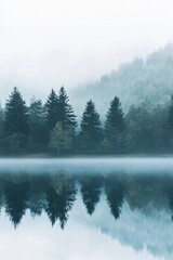 Fog is covering a lake and a forest of pine trees reflecting in the calm water, vertical