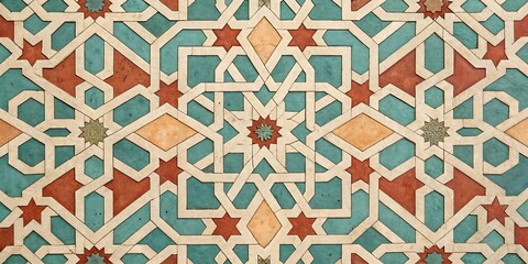 Intricate geometric islamic art pattern with symmetrical design in vibrant colors of blue, red, and yellow - traditional middle eastern tile mosaic for architectural and decorative use