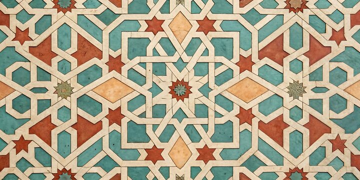 Intricate geometric islamic art pattern with symmetrical design in vibrant colors of blue, red, and yellow - traditional middle eastern tile mosaic for architectural and decorative use