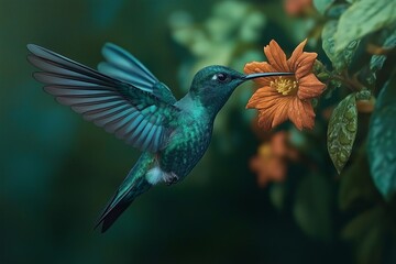 Obraz premium A hummingbird in mid-flight, sipping nectar from a vibrant flower
