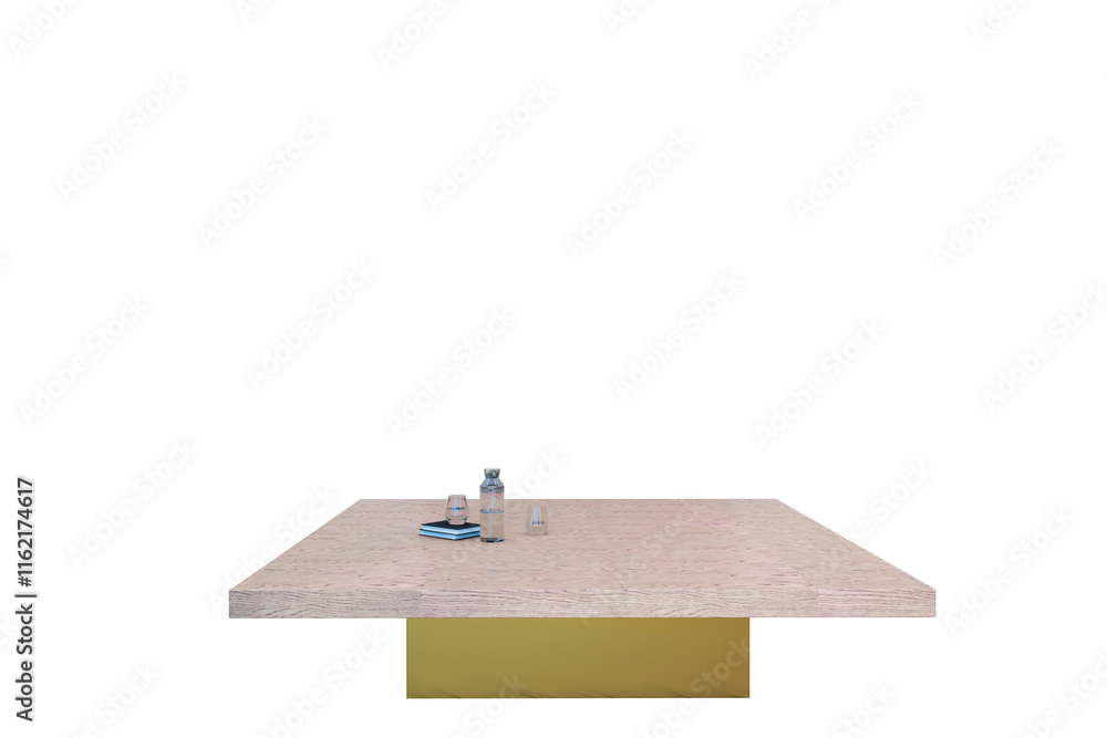 Poster wooden table with a golden base and books, glasses, and a water bottle on its surface, isolated on a