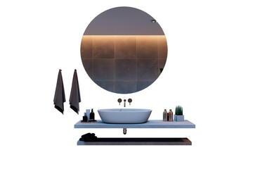 Modern bathroom vanity setup with a round mirror, white basin, towels, and decor on a clean white background. Concept of minimalist design. 3D Rendering.
