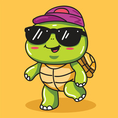 Cute Turtle Cartoon with Sunglasses and Simple Hat good for Sticker, Meme, Design Element