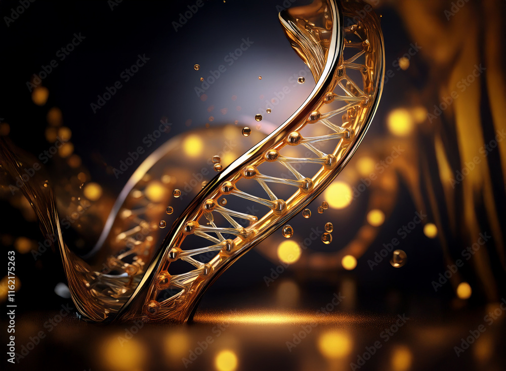 Aufkleber a golden dna double helix glows, suspended in a dark, ethereal space, illuminated by shimmering part