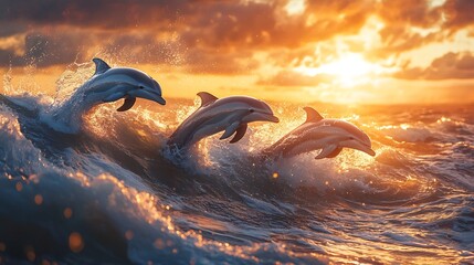 Fototapeta premium Dolphins leaping at sunset ocean waves wildlife photography serene