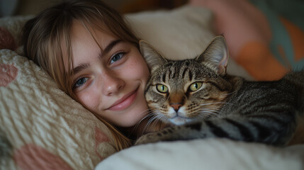 Smiling young girl cuddling with tabby cat on bed, enjoying a cozy moment together