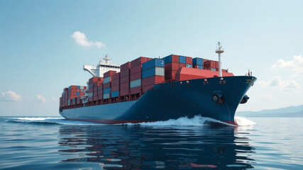 Fototapeta premium View of the bow of a loaded cargo ship in the open sea