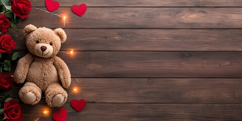 Obraz premium Valentine's Day Banner teddy concept. Teddy bear surrounded by roses and heart decorations on a wooden surface.