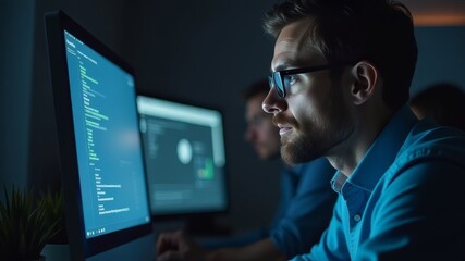 Obraz premium man in glasses working on computer in dark room